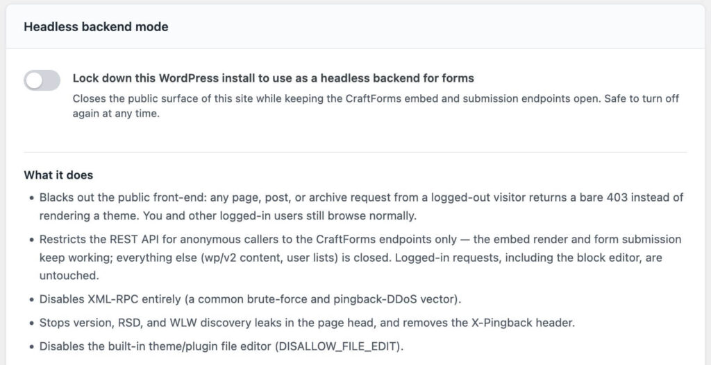 Craftforms headless mode setting