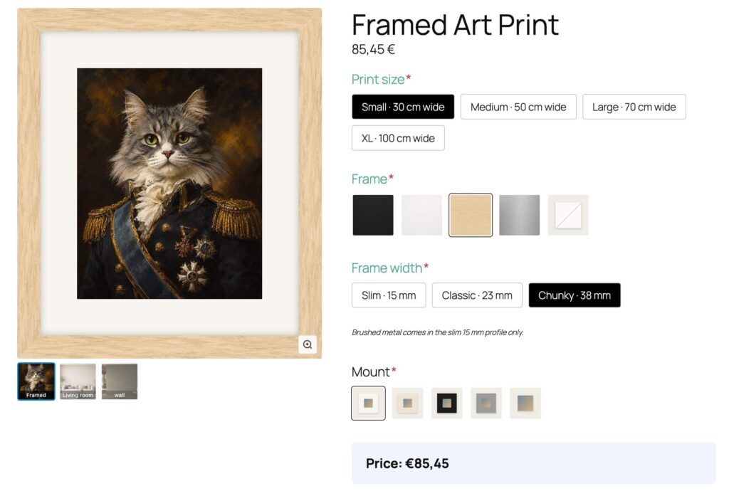 True-to-scale picture frame preview on small and large print sizes