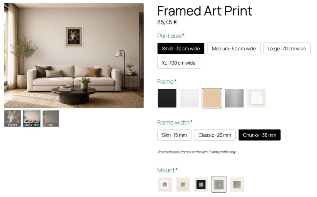 True-to-scale picture frame preview on small and large print sizes
