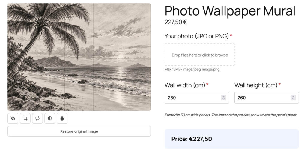 Photo wallpaper configurator with stripe guides showing where the print panels split
